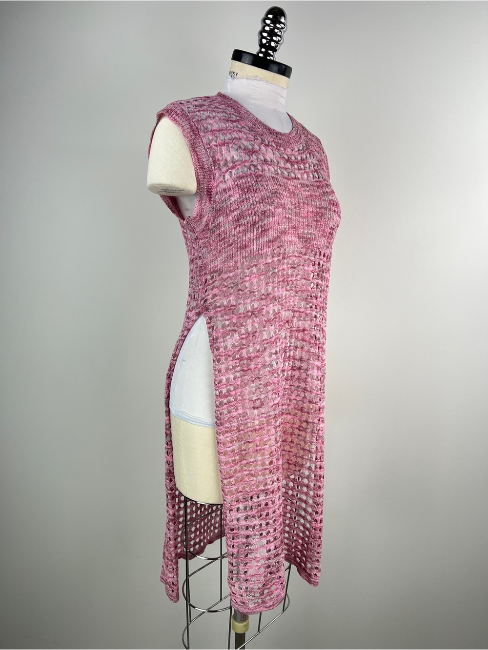 💚 3641. Pink Open-Knit Sleeveless Tunic Sweater